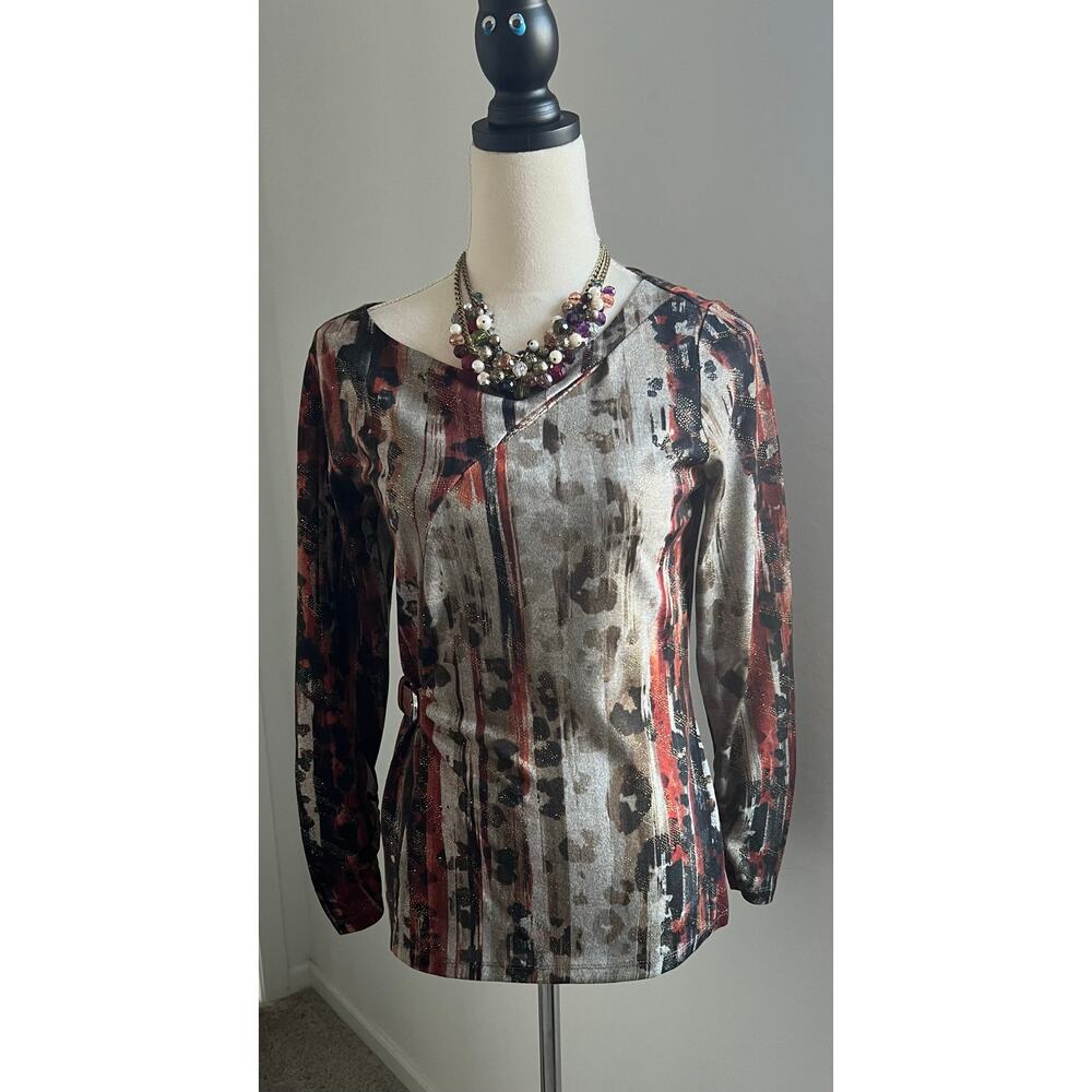Susan‎ Lawrence Pullover Multicolor Brown Faux Leather Buckle Wrap Top Sweater S